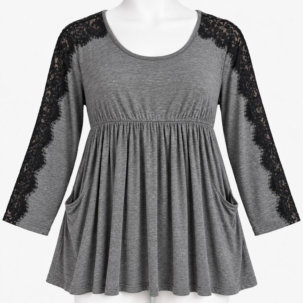 Soma Gray Lace Sleeve Empire Waist Tunic Women's XL Soft Jersey Pockets